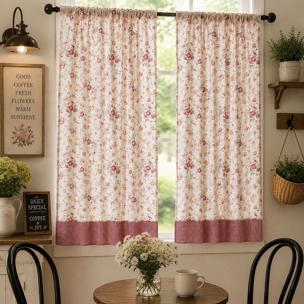 Waverly Garden Room Set of 4 Red Floral Cafe Curtains Sunroom Cottage Farmhouse
